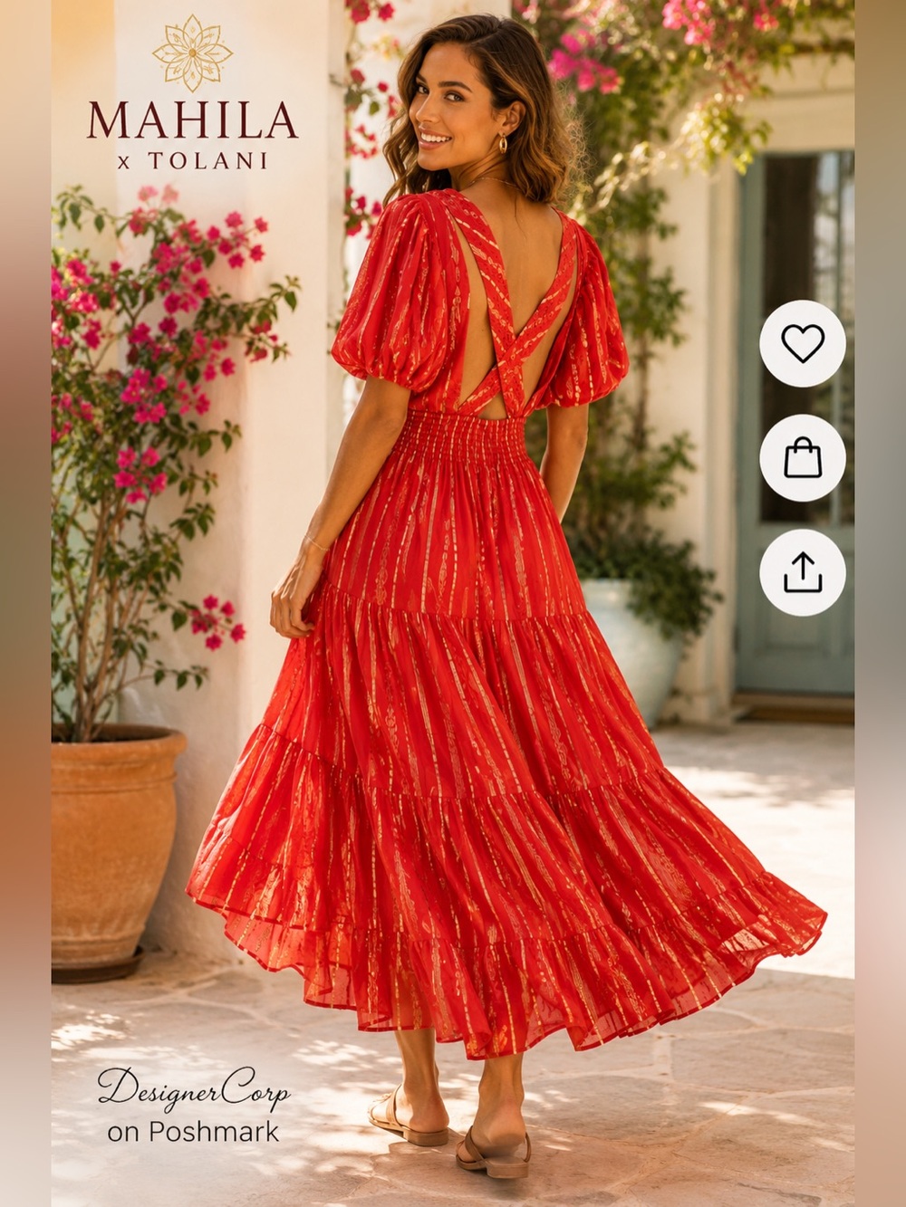 Mahila x Tolani:Beckie Scarlet Dress,Gold Metallic Shimmer,Slimming, Back,Size M